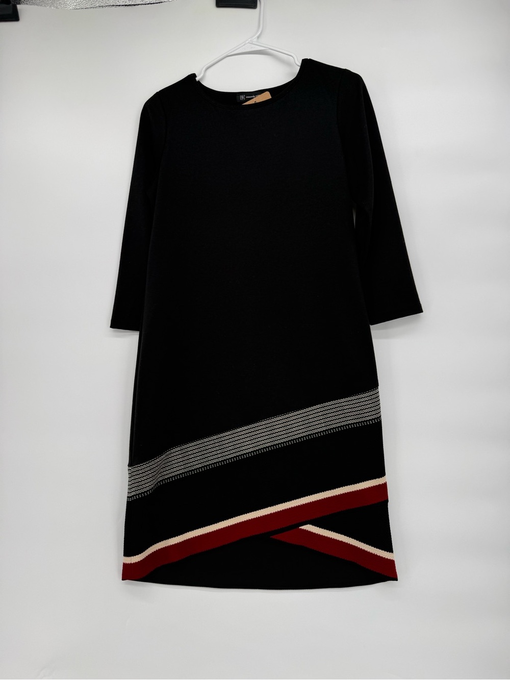 INC International Concepts Black Long Sleeve Shift Dress with Red & Cream Trim